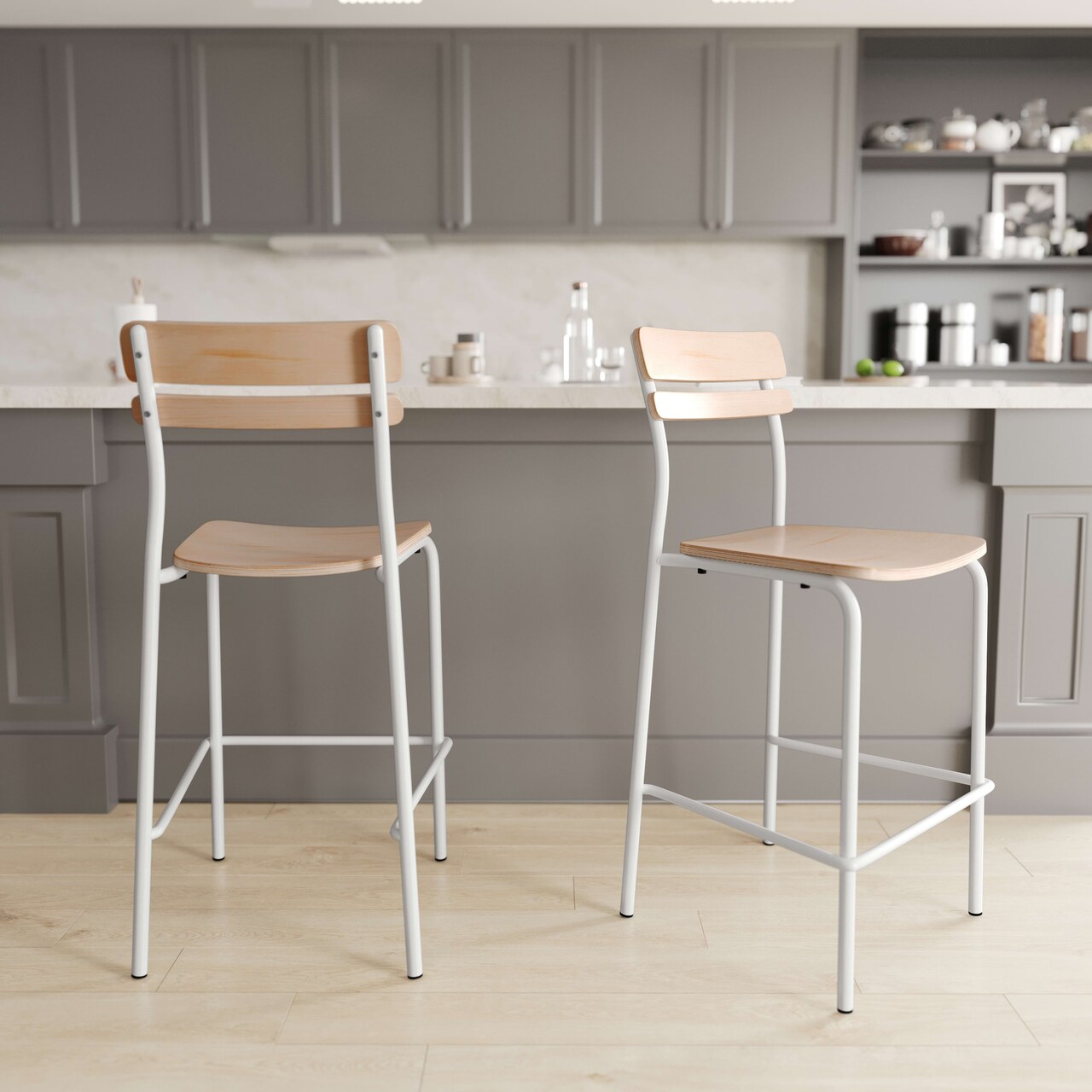 Emma and Oliver Blanchard Set of 2 Bar Stools with Metal Frames and Solid Wood Seats and Backs with Antique Finishes